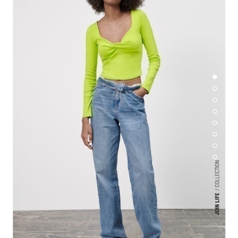 New Zara Lime Green Long Sleeve Knotted Crop Top Size Small